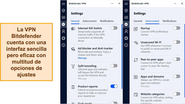 Captura de pantalla de las opciones de configuración disponibles en Bitdefender VPN