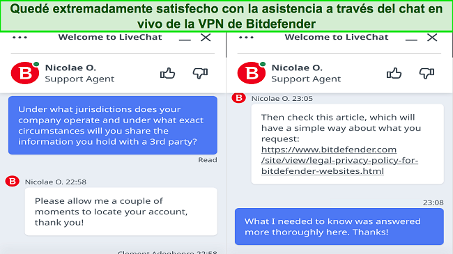 Captura de pantalla de mi interacción con el soporte de chat en vivo de Bitdefender