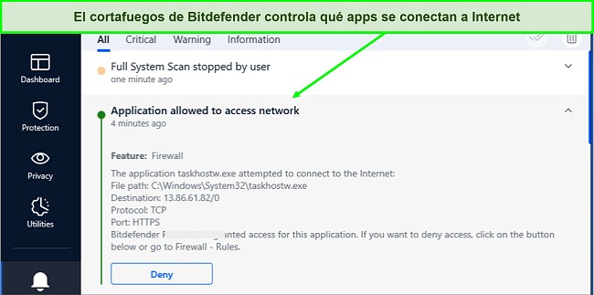 Captura de pantalla del cortafuegos de Bitdefender