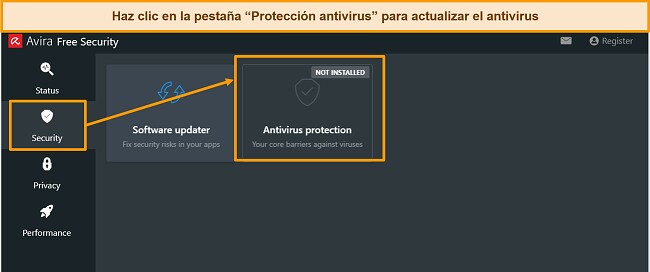 Captura de pantalla que muestra cómo actualizar el motor antimalware de Avira