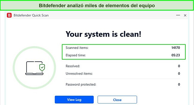 Captura de pantalla de los resultados del análisis rápido de Bitdefender