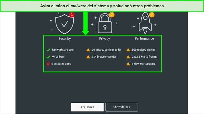 Captura de pantalla de la página de resultados del escáner de virus Avira