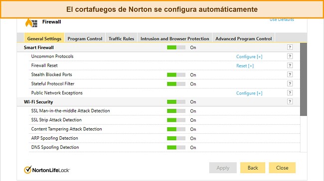 Captura de pantalla de la pestaña de configuración del Firewall de Norton