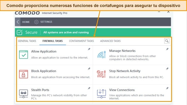 Captura de pantalla de la pestaña de tareas del cortafuegos de Comodo