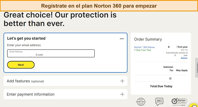 Captura de pantalla de la página de suscripción de Norton