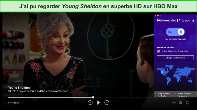 Capture d'écran de Young Sheldon jouant sur Netflix avec Malwarebytes Privacy connecté à un serveur américain
