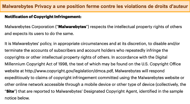 Capture d'écran de la déclaration de violation des droits d'auteur de Malwarebytes Privacy