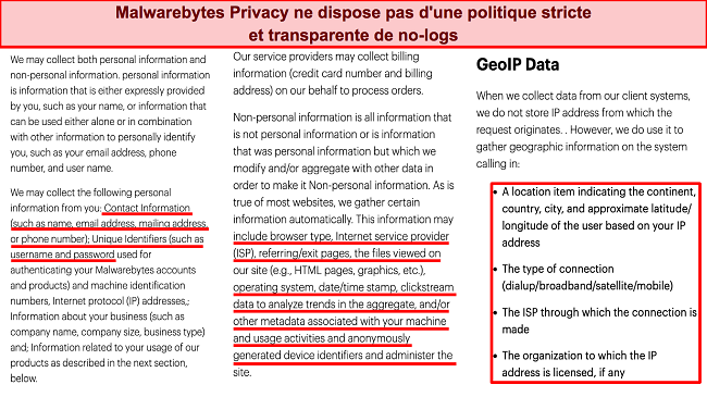 Capture d'écran d'un extrait de la déclaration de confidentialité de Malwarebytes