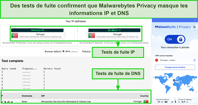 Capture d'écran du résultat de mon test de fuite IP/DNS avec Malwarebytes Privacy VPN connecté