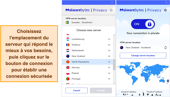 Capture d'écran du serveur et de l'interface de connexion de Malwarebytes Privacy VPN