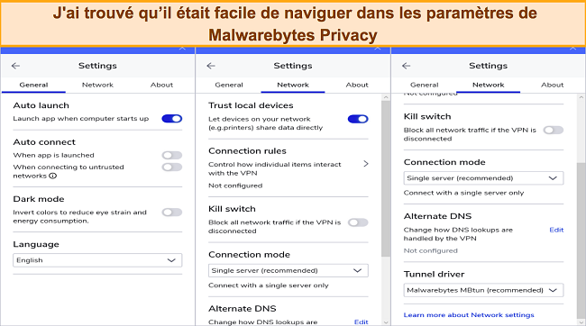 Capture d'écran de l'interface des paramètres de Malwarebytes Privacy