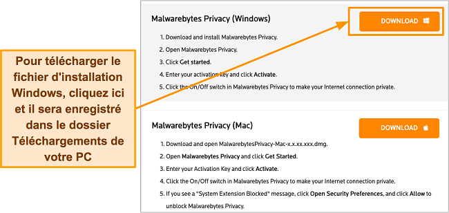 Capture d'écran de la page de téléchargement de Malwarebytes Privacy pour les appareils Windows