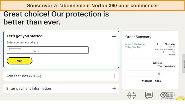 Capture d'écran de la page d'abonnement de Norton