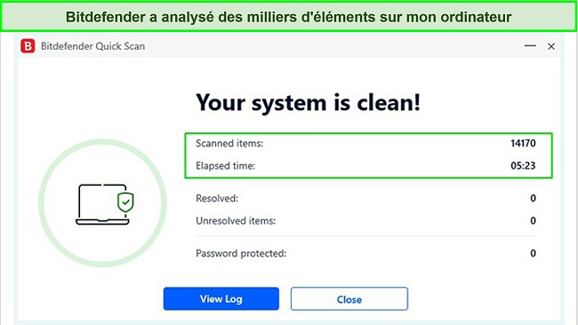 Capture d'écran des résultats de l'analyse rapide de Bitdefender