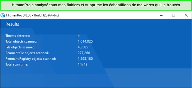 Capture d'écran des résultats de l'analyse de HitmanPro