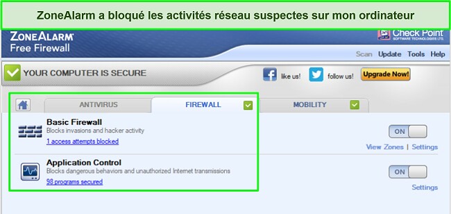 Capture d'écran de l'interface du pare-feu ZoneAlarm