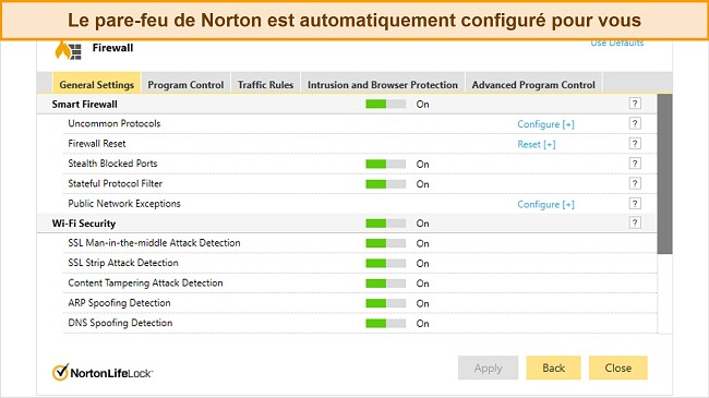 Capture d'écran de l'onglet des paramètres du pare-feu de Norton
