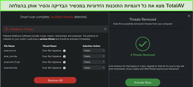 צילום מסך של תוצאות הסרת תוכנות זדוניות של TotalAV