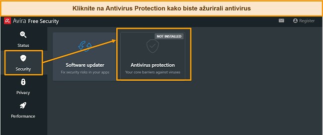 Snimka zaslona koja pokazuje kako ažurirati Avira anti-malware mehanizam