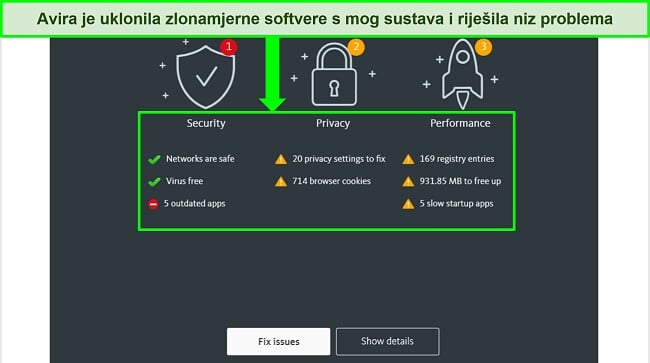 Snimka zaslona stranice s rezultatima Avira skenera virusa