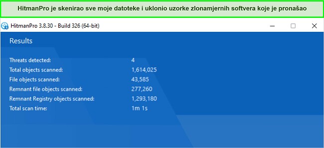 Snimka zaslona rezultata HitmanPro skeniranja