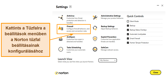 Képernyőkép arról, hogyan lehet elérni a Norton tűzfal beállításait
