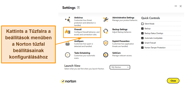 K&eacute;pernyők&eacute;p arr&oacute;l, hogyan lehet el&eacute;rni a Norton tűzfal be&aacute;ll&iacute;t&aacute;sait