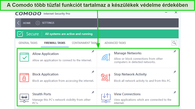 A Comodo tűzfal különféle védelmi funkcióit bemutató képernyőkép