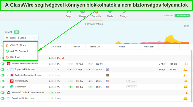 Képernyőkép arról, hogyan lehet folyamatokat blokkolni a GlassWire-ben