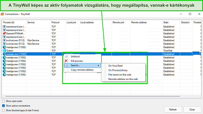Képernyőkép arról, hogyan lehet a TinyWall-t használni aktív folyamatok szkennelésére