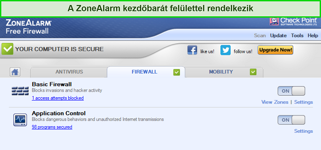 ZoneAlarm tűzfal felületének képernyőképe