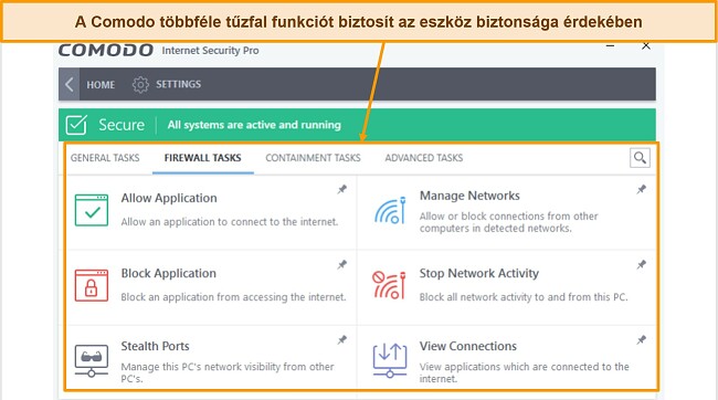 Képernyőkép a Comodo tűzfalfeladatok lapról