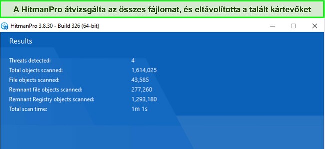 Képernyőkép a HitmanPro vizsgálati eredményeiről