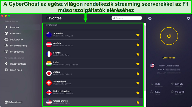 Képernyőkép a CyberGhost alkalmazásról, amelyen streaming-optimalizált szerverek láthatók a hivatalos F1-es Nagydíj versenyközvetítők számára