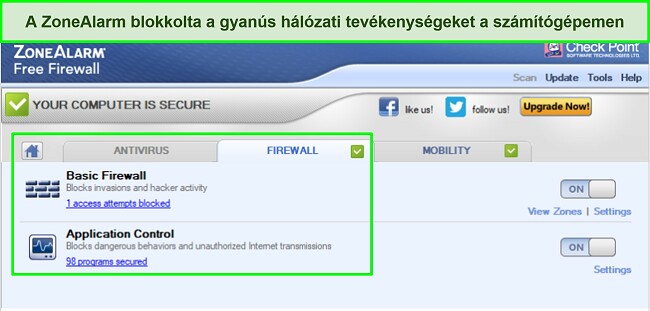 Képernyőkép a ZoneAlarm tűzfal interfészéről