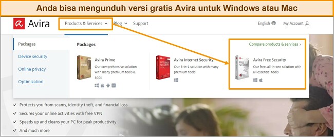 Tangkapan layar tombol unduh gratis Avira