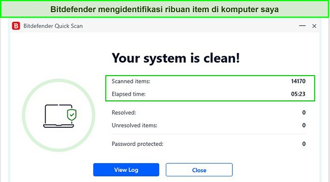 Cuplikan layar hasil pemindaian cepat Bitdefender