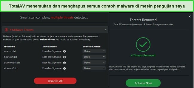 Tangkapan layar hasil penghapusan malware TotalAV