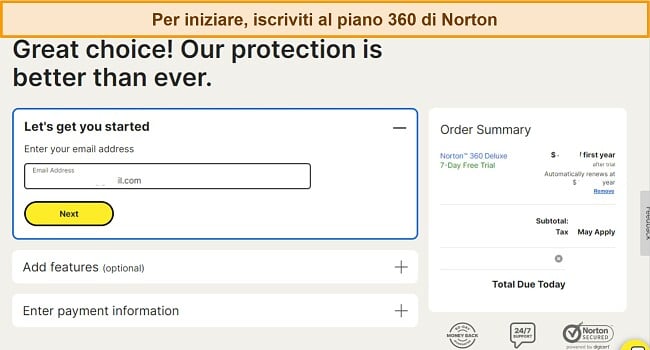 Screenshot della pagina di abbonamento di Norton