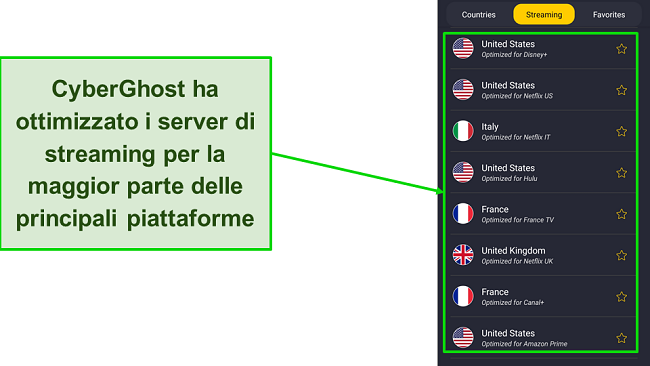 Uno screenshot dei server di streaming ottimizzato di CyberGhost sull'app per Android