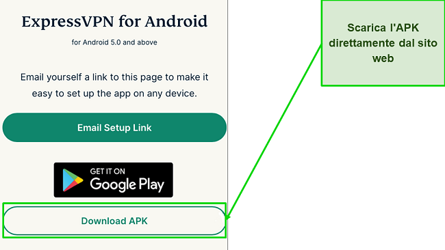 Screenshot del pulsante di download dell'APK dal sito web di ExpressVPN