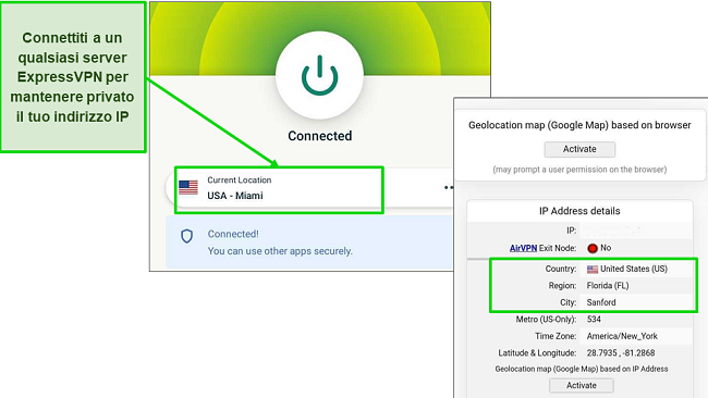 Grafico che mostra ExpressVPN connesso a un server di Miami e che supera un test di tenuta DNS