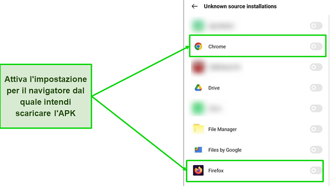 Screenshot dell'impostazione Installazioni di origine sconosciuta su Android