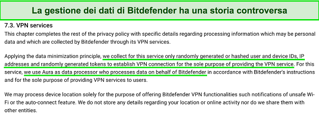 Screenshot di ciò che dice l'informativa sulla privacy di Bitdefender VPN sulla raccolta dei dati