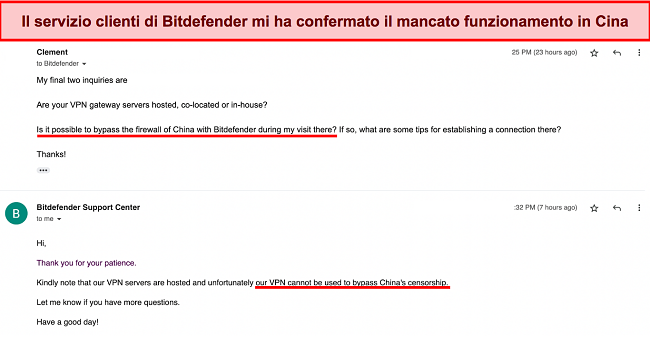 Screenshot della mia interazione con il supporto di Bitdefender che conferma che il servizio non può essere utilizzato in Cina