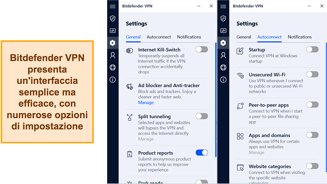 Screenshot delle opzioni di impostazione disponibili su Bitdefender VPN