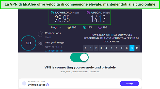 Screenshot dei risultati del test di velocità di McAfee Safe Connect VPN