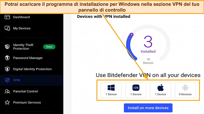 Screenshot della pagina di download di Bitdefender per vari sistemi operativi