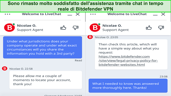 Screenshot della mia interazione con l'assistenza via chat di Bitdefender