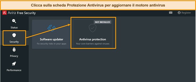 Screenshot che mostra come aggiornare il motore anti-malware di Avira